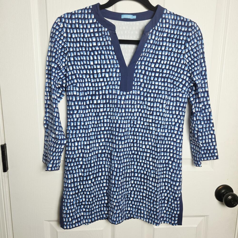 J. McLaughlin Top Womens Small Blue Geometric Jersey Shift Tunic 3/4 Sleeve